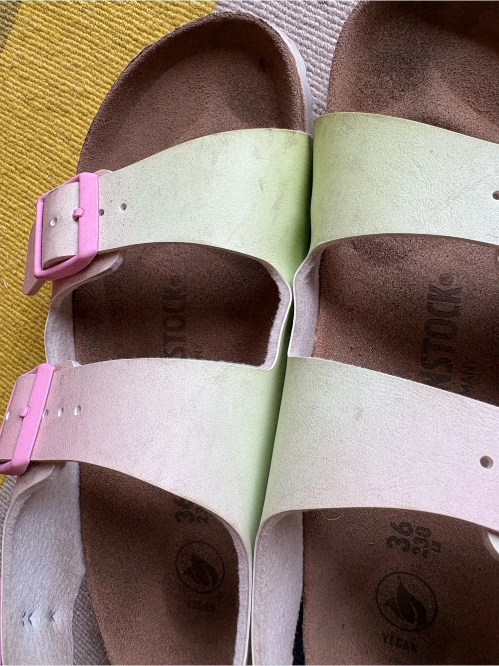 Birkenstock Kids Two-Strap Sandals in Pink and Light Green